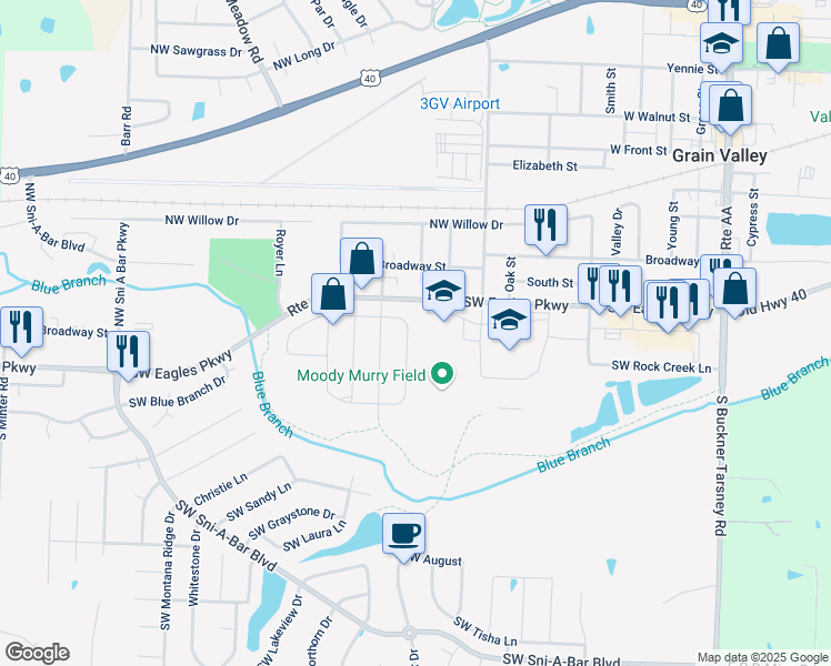 map of restaurants, bars, coffee shops, grocery stores, and more near 203 Pebblebrook in Grain Valley