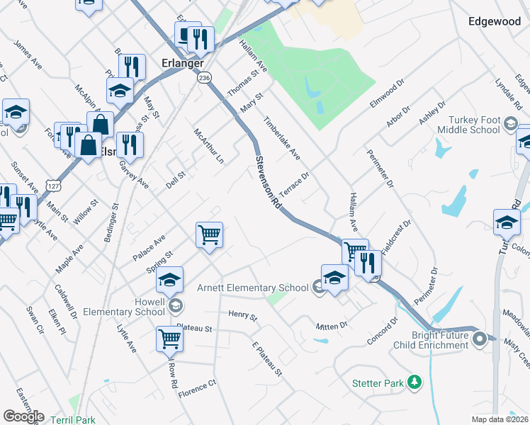 map of restaurants, bars, coffee shops, grocery stores, and more near 517 Stevenson Road in Erlanger