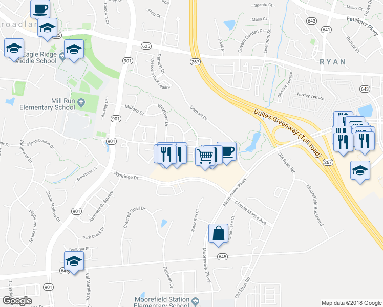 map of restaurants, bars, coffee shops, grocery stores, and more near 43233 Becontree Terrace in Ashburn