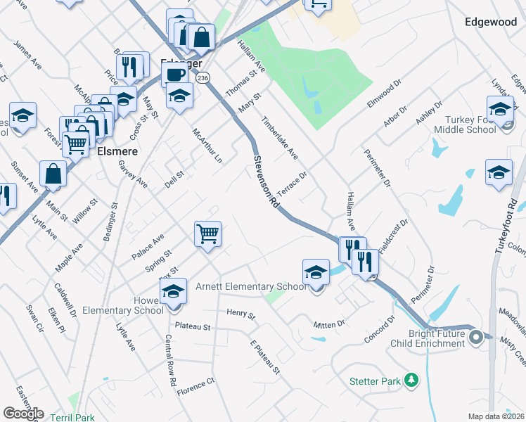 map of restaurants, bars, coffee shops, grocery stores, and more near 517 Stevenson Road in Erlanger