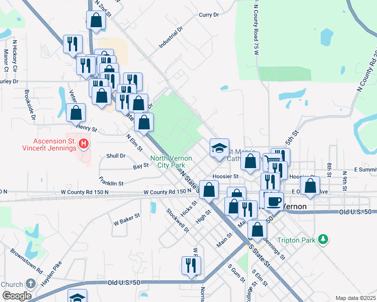 map of restaurants, bars, coffee shops, grocery stores, and more near 11 Franklin Street in North Vernon