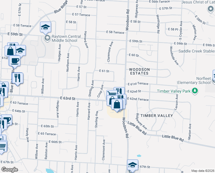 map of restaurants, bars, coffee shops, grocery stores, and more near 6205 Claremont Avenue in Raytown