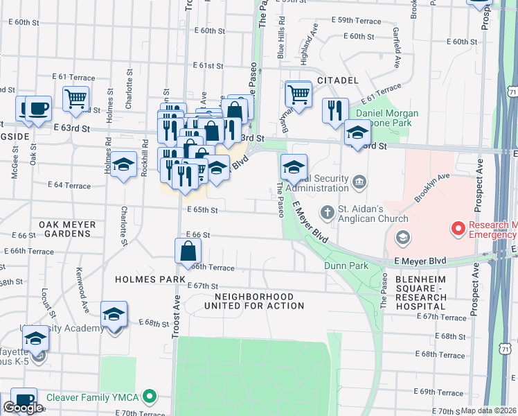 map of restaurants, bars, coffee shops, grocery stores, and more near 1195 East 65th Street in Kansas City