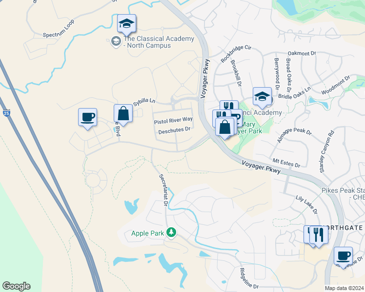 map of restaurants, bars, coffee shops, grocery stores, and more near 12232 Bandon Drive in Colorado Springs