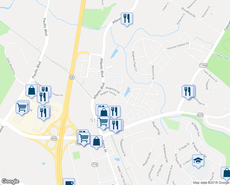 map of restaurants, bars, coffee shops, grocery stores, and more near 45484 Baggett Terrace in Sterling