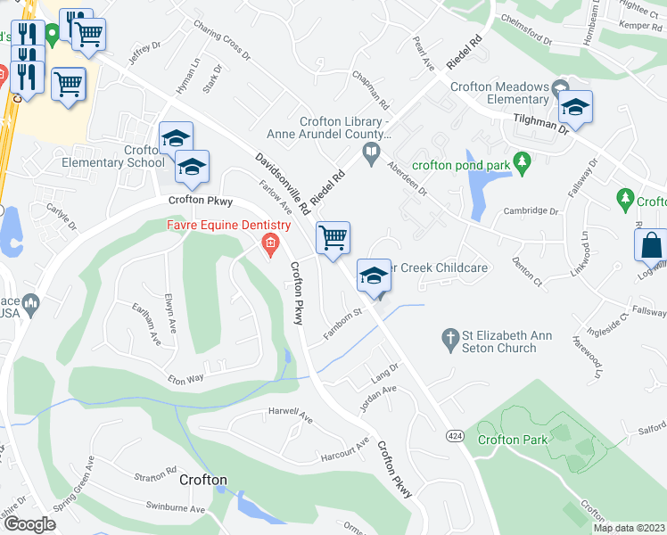 map of restaurants, bars, coffee shops, grocery stores, and more near 1516A Farlow Avenue in Crofton
