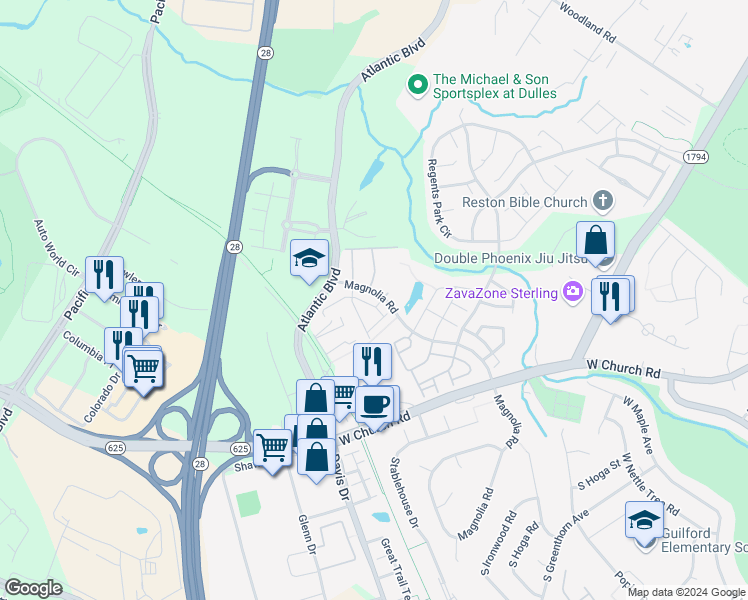 map of restaurants, bars, coffee shops, grocery stores, and more near 45484 Baggett Terrace in Sterling