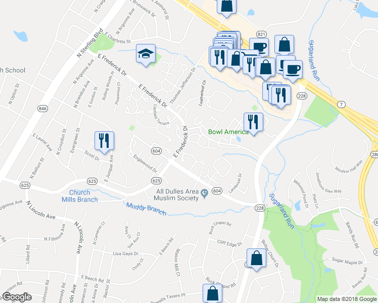 map of restaurants, bars, coffee shops, grocery stores, and more near 46800 Ironstone Terrace in Sterling