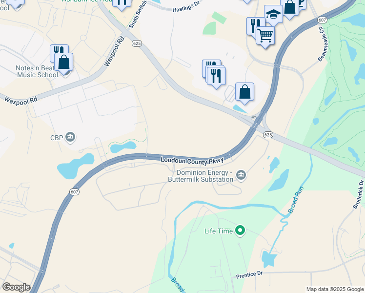 map of restaurants, bars, coffee shops, grocery stores, and more near 21955 Loudoun County Parkway in Ashburn