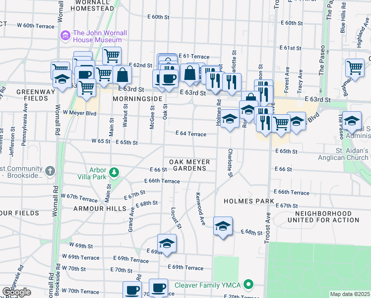 map of restaurants, bars, coffee shops, grocery stores, and more near 427 East 64 Terrace in Kansas City