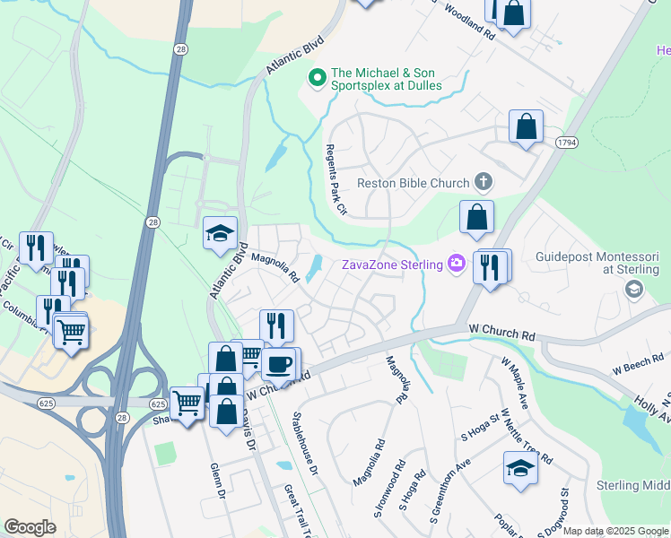 map of restaurants, bars, coffee shops, grocery stores, and more near 45559 Grand Central Square in Sterling