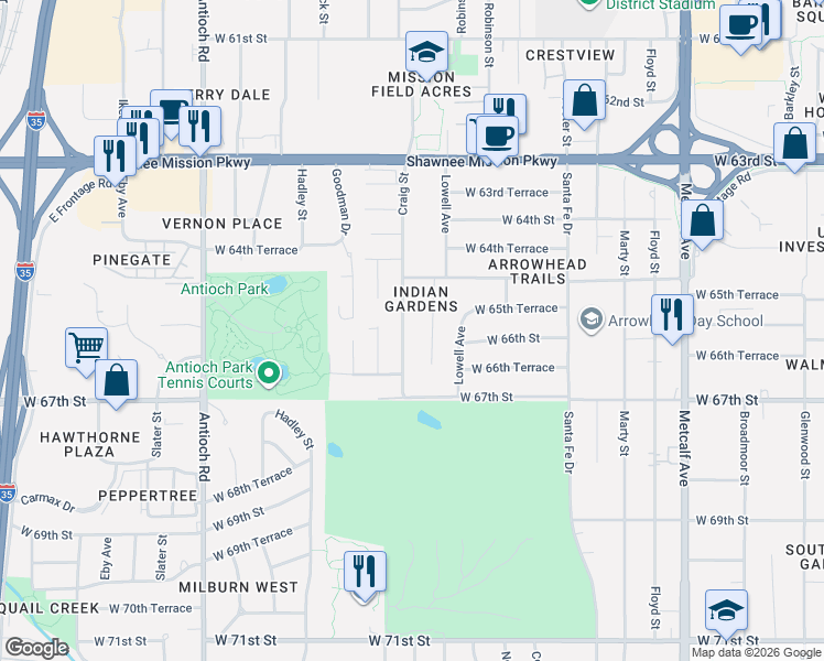 map of restaurants, bars, coffee shops, grocery stores, and more near 6525 Craig Street in Mission