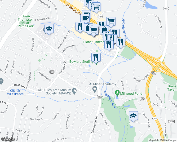 map of restaurants, bars, coffee shops, grocery stores, and more near 46895 Eaton Terrace in Sterling