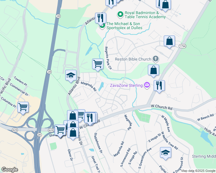 map of restaurants, bars, coffee shops, grocery stores, and more near 45559 Grand Central Square in Sterling