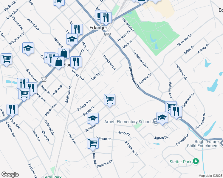 map of restaurants, bars, coffee shops, grocery stores, and more near 3529 Susan Lewis Drive in Erlanger