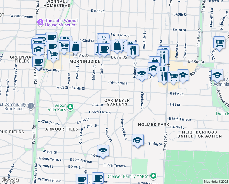 map of restaurants, bars, coffee shops, grocery stores, and more near 427 East 64 Terrace in Kansas City