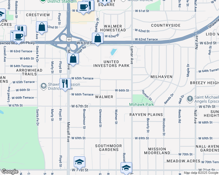 map of restaurants, bars, coffee shops, grocery stores, and more near 6601 West 65th Terrace in Mission