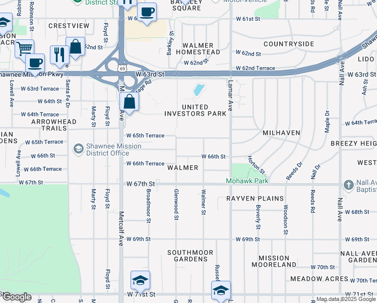 map of restaurants, bars, coffee shops, grocery stores, and more near 6601 West 65th Terrace in Mission