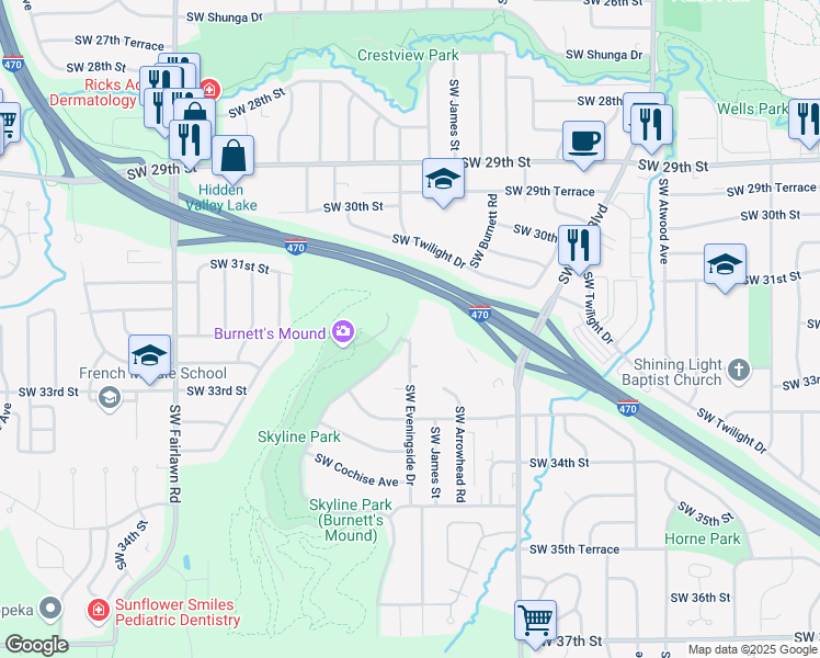 map of restaurants, bars, coffee shops, grocery stores, and more near 3200 Southwest Eveningside Drive in Topeka