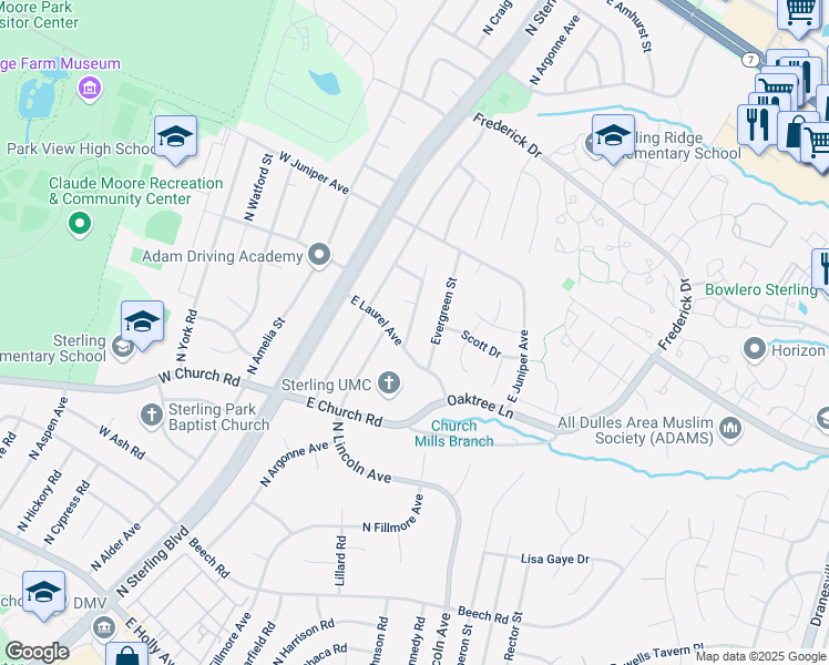 map of restaurants, bars, coffee shops, grocery stores, and more near 804 North Croydon Street in Sterling