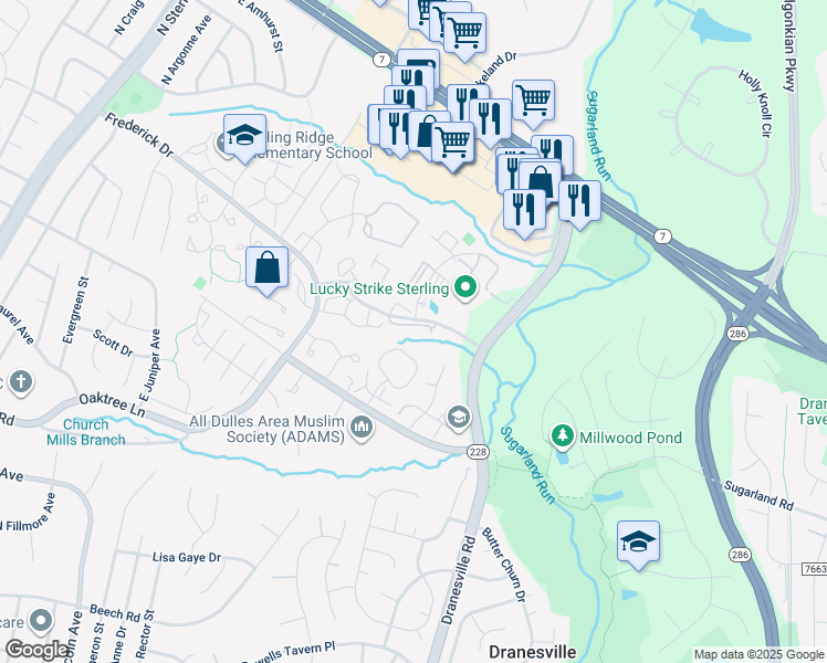 map of restaurants, bars, coffee shops, grocery stores, and more near 46893 Eaton Terrace in Sterling