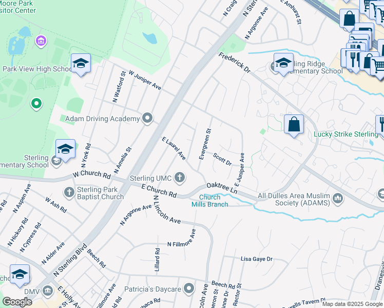 map of restaurants, bars, coffee shops, grocery stores, and more near 804 North Croydon Street in Sterling