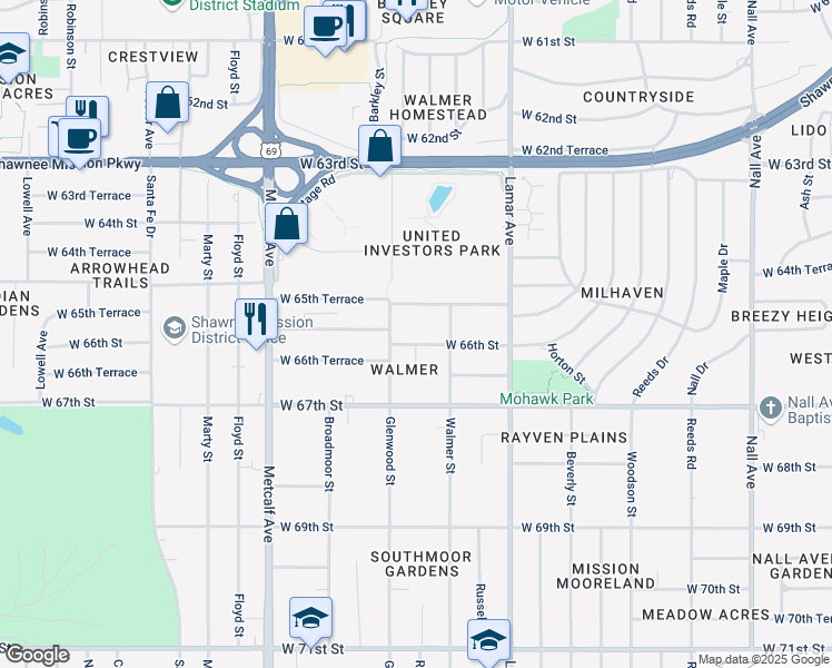 map of restaurants, bars, coffee shops, grocery stores, and more near 6601 West 65th Terrace in Mission