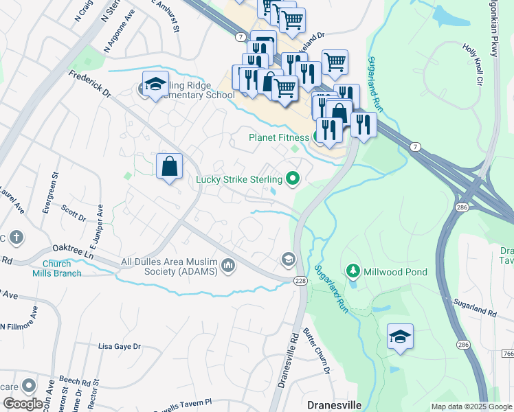 map of restaurants, bars, coffee shops, grocery stores, and more near 46891 Eaton Terrace in Sterling