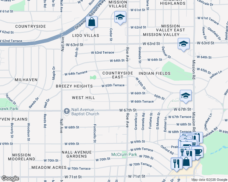 map of restaurants, bars, coffee shops, grocery stores, and more near 4718 West 65th Terrace in Prairie Village