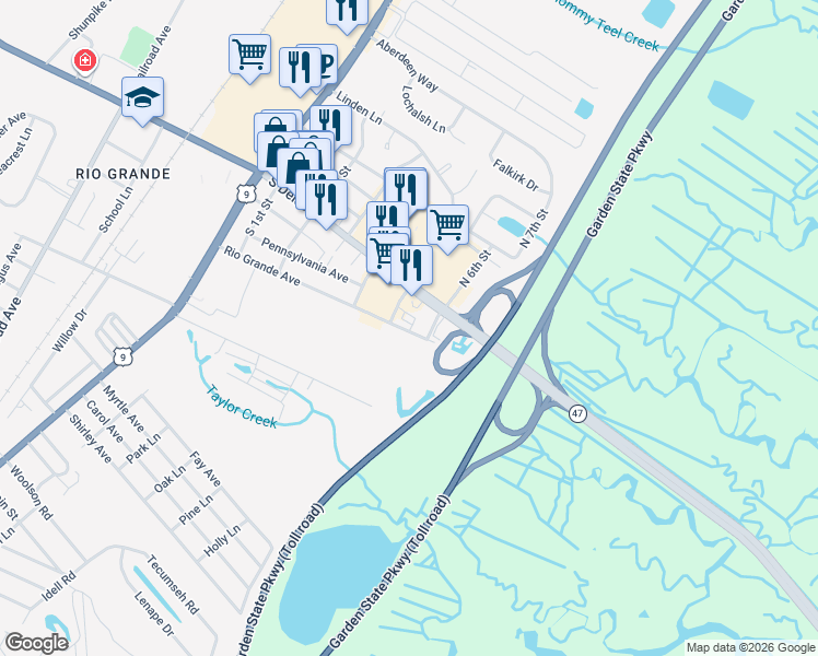 map of restaurants, bars, coffee shops, grocery stores, and more near 408 Rio Grande Avenue in Cape May County