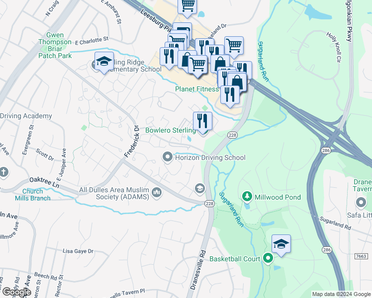map of restaurants, bars, coffee shops, grocery stores, and more near 46893 Eaton Terrace in Sterling
