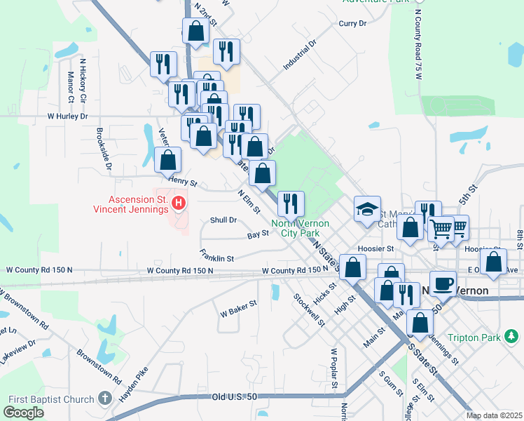 map of restaurants, bars, coffee shops, grocery stores, and more near 735 North State Street in North Vernon