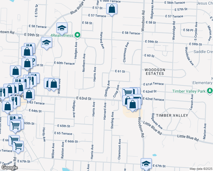 map of restaurants, bars, coffee shops, grocery stores, and more near 6111 Harvard Avenue in Raytown