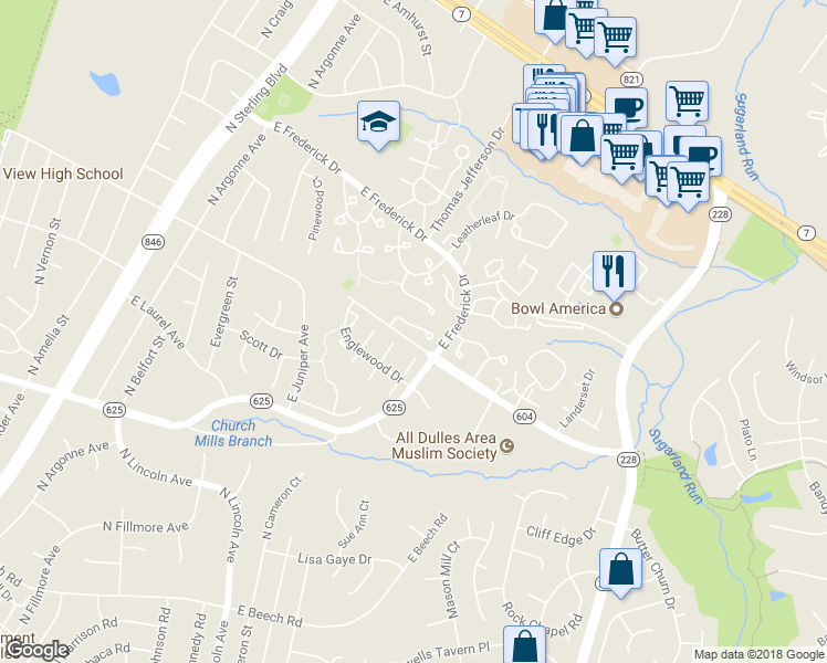 map of restaurants, bars, coffee shops, grocery stores, and more near 46735 Woodmint Terrace in Sterling