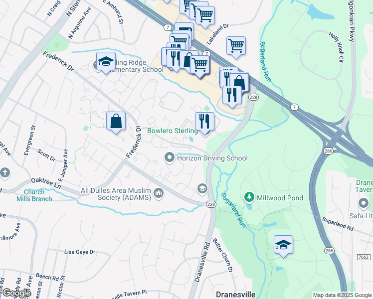 map of restaurants, bars, coffee shops, grocery stores, and more near 46891 Eaton Terrace in Sterling