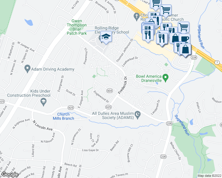 map of restaurants, bars, coffee shops, grocery stores, and more near 46733 Woodmint Terrace in Sterling