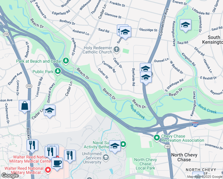 map of restaurants, bars, coffee shops, grocery stores, and more near 9610 Culver Street in Kensington