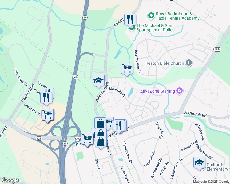 map of restaurants, bars, coffee shops, grocery stores, and more near 45470 Baggett Terrace in Sterling