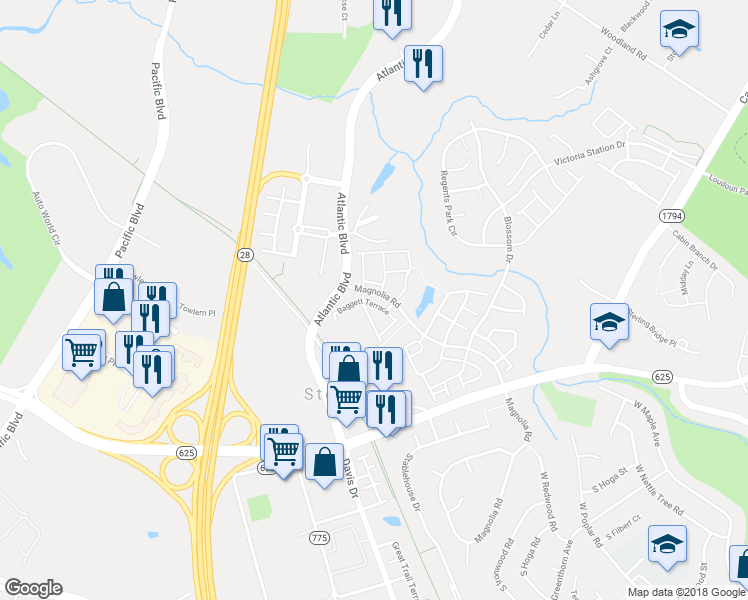 map of restaurants, bars, coffee shops, grocery stores, and more near 45470 Baggett Terrace in Sterling
