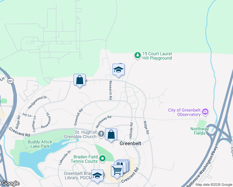 map of restaurants, bars, coffee shops, grocery stores, and more near 2 Research Road in Greenbelt