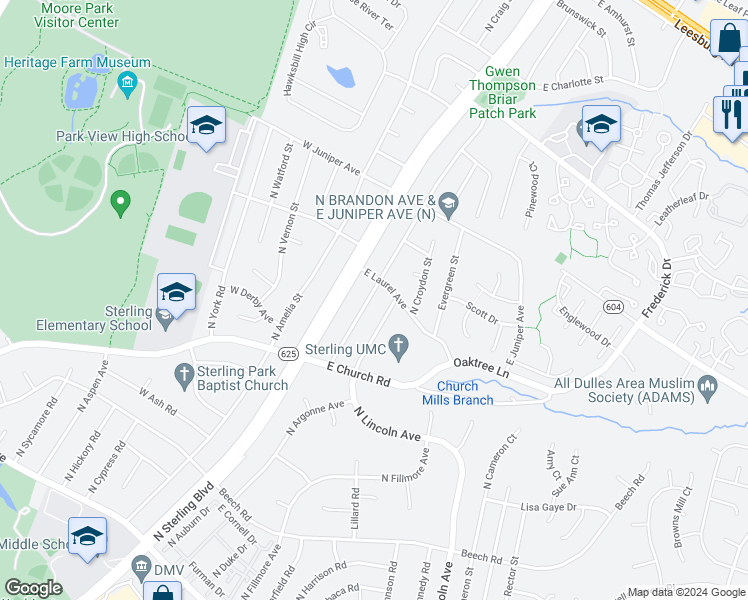 map of restaurants, bars, coffee shops, grocery stores, and more near 724 North Argonne Avenue in Sterling
