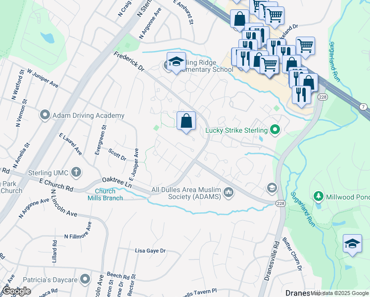 map of restaurants, bars, coffee shops, grocery stores, and more near 46735 Woodmint Terrace in Sterling