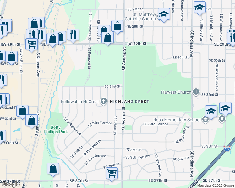 map of restaurants, bars, coffee shops, grocery stores, and more near 3101 Southeast Bryant Street in Topeka