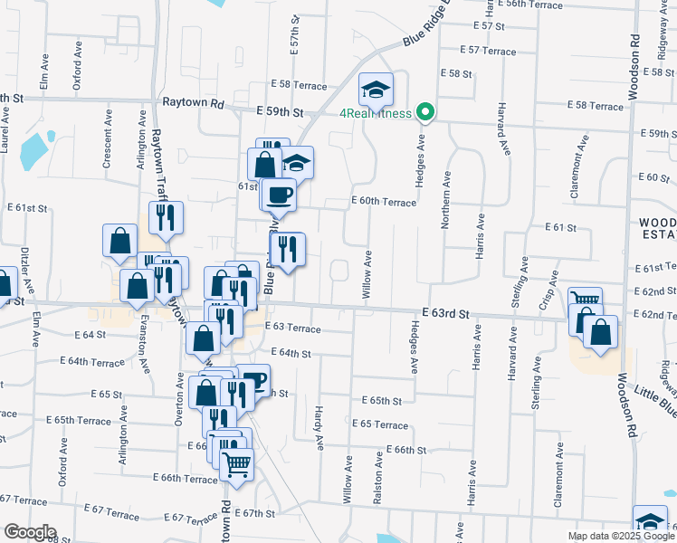 map of restaurants, bars, coffee shops, grocery stores, and more near 10318 East 63rd Street in Raytown