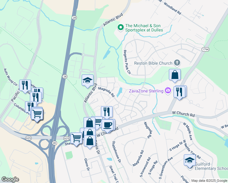 map of restaurants, bars, coffee shops, grocery stores, and more near 21885 Elkins Terrace in Sterling