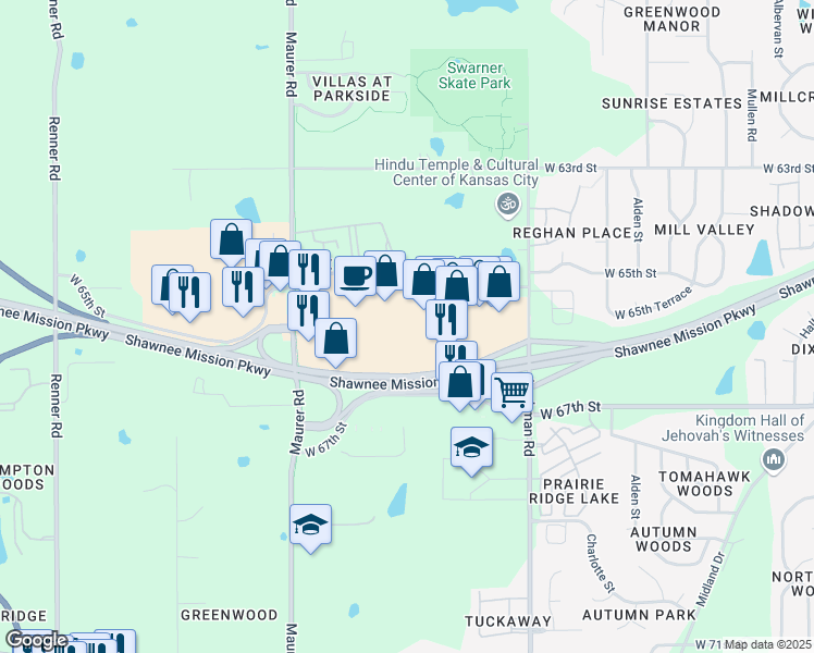 map of restaurants, bars, coffee shops, grocery stores, and more near 15500 Shawnee Mission Parkway in Shawnee
