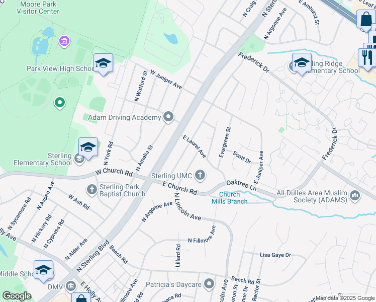 map of restaurants, bars, coffee shops, grocery stores, and more near 724 North Argonne Avenue in Sterling