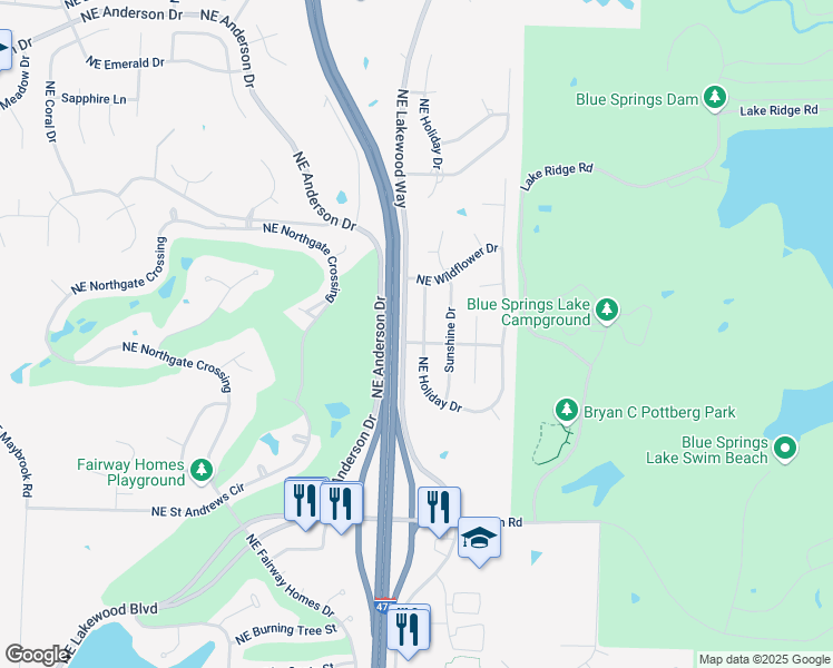 map of restaurants, bars, coffee shops, grocery stores, and more near 5400 Northeast Holiday Drive in Lee's Summit