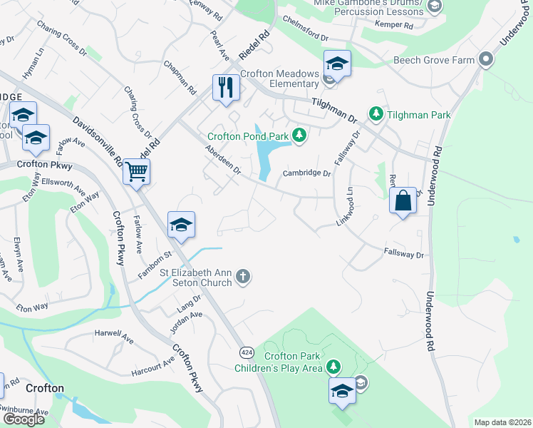 map of restaurants, bars, coffee shops, grocery stores, and more near 1753 Castleford Square in Crofton