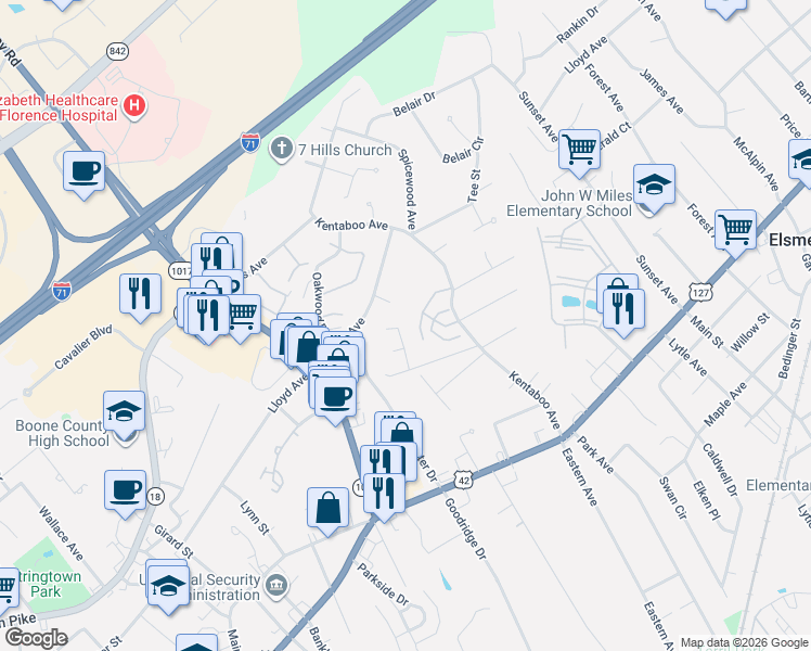 map of restaurants, bars, coffee shops, grocery stores, and more near 229 Maranatha Court in Florence